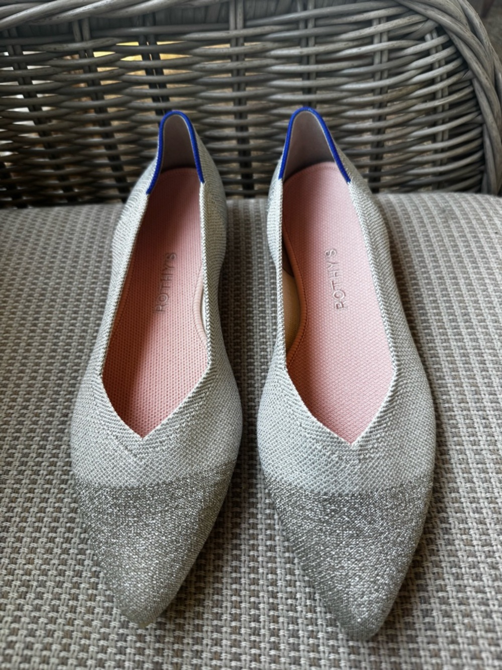 Rothy's Silver Pointed Flats with Pink Insoles and Blue Heel Trim